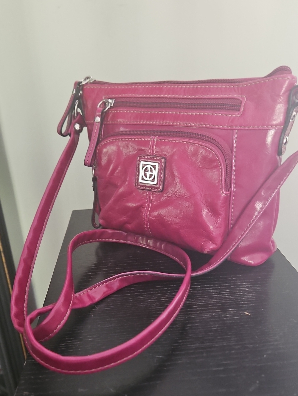 Compact Fuchsia Crossbody Bag with Front Pocket and Logo Accent 9x7